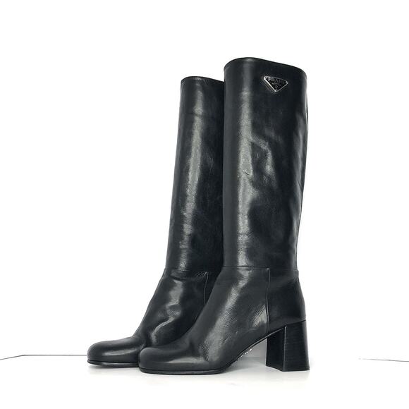 Prada Triangle Logo Plaque Knee High Pull On Block Heel Leather Boots 38 - Picture 1 of 9